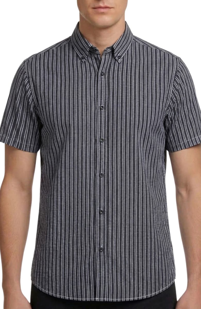 Report Collection Stripe Short Sleeve Seersucker Button-Down Shirt, Main, color, Navy