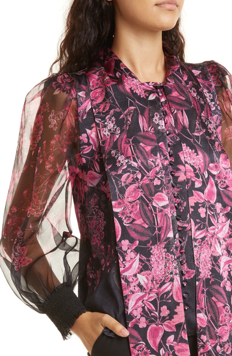 Alice + Olivia Bettina Floral Print Blouson Sleeve Silk Blend Shirt, Alternate, color,