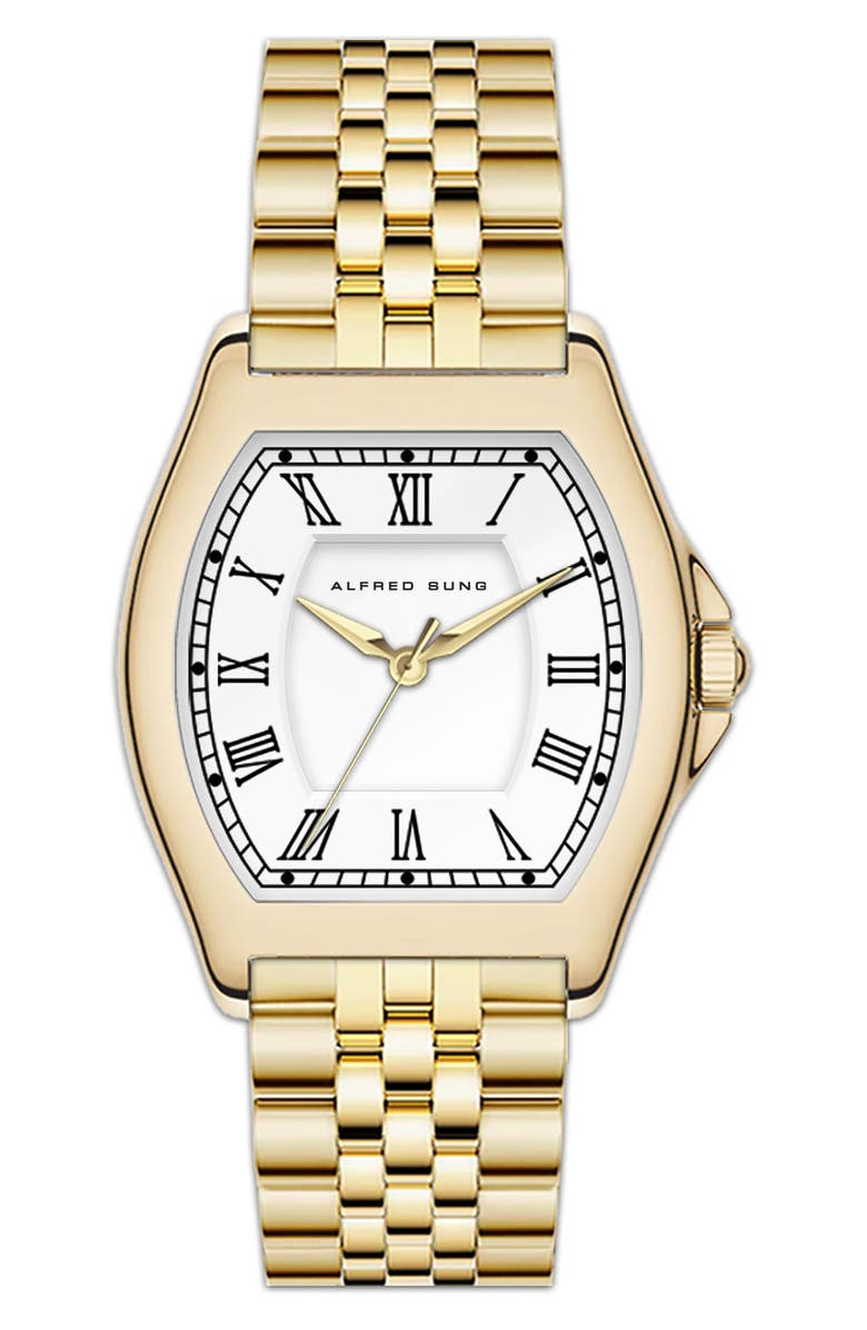 Alfred Sung Heritage Tonneau Bracelet Strap Watch, 22mm x 32mm, Main, color, Gold Bracelet/White Dial
