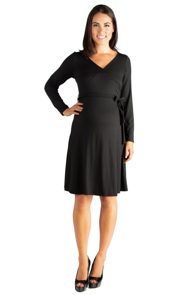 Chic V-neck Long Sleeve Belted Maternity Dress, Main, color, Black