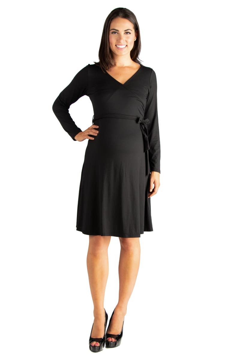 24seven Comfort Apparel Chic V-neck Long Sleeve Belted Maternity Dress, Main, color, Black