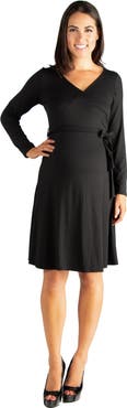 24seven Comfort Apparel Chic V-neck Long Sleeve Belted Maternity Dress