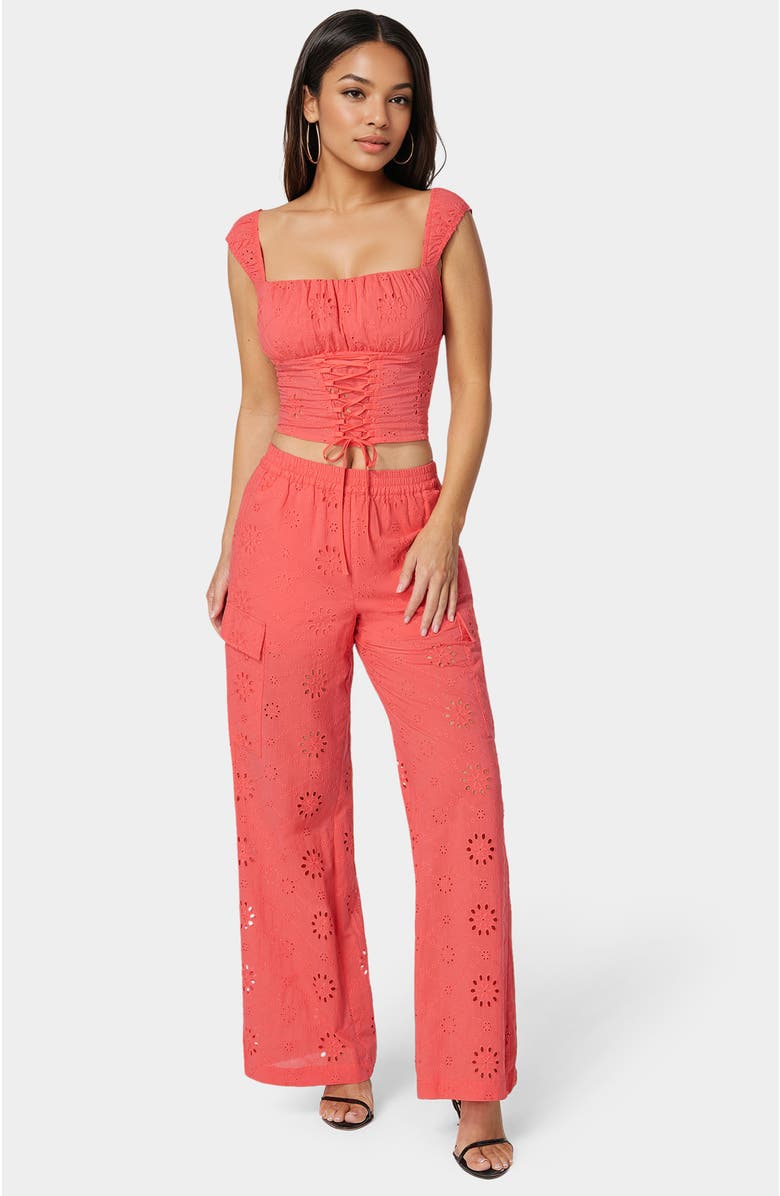 bebe Eyelet Lace Up Corset, Main, color, Calypso Coral