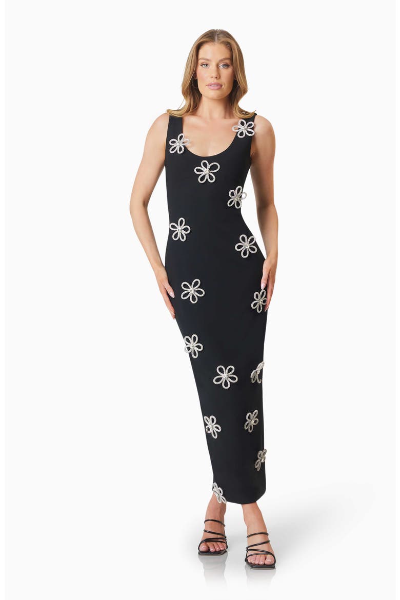 Delia Diamante Floral Appliqué Body-Con Gown, Alternate, color, BLACK