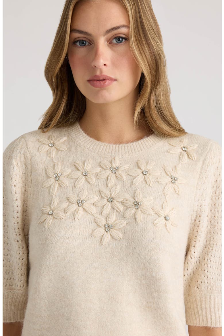 Embroidered Flower Puff Sleeve Sweater, Alternate, color, OATMEAL MIX