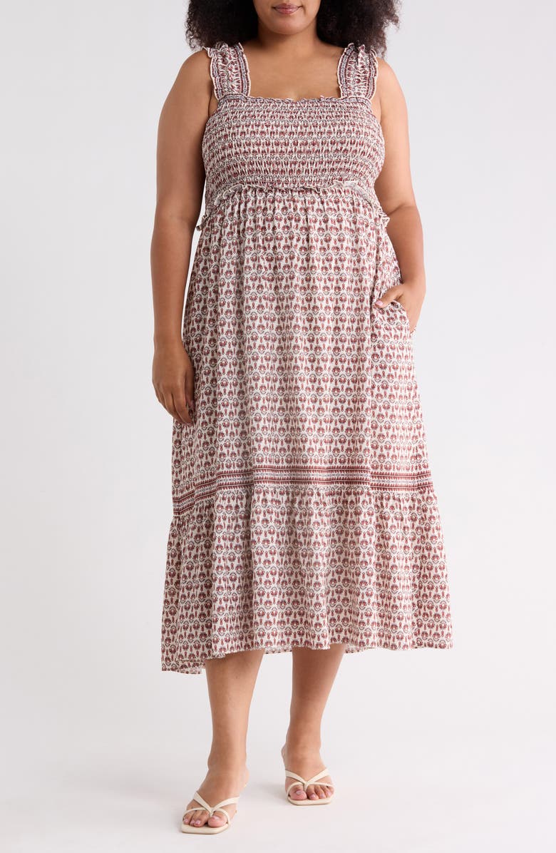MAX STUDIO Smocked Bodice Cotton Blend Sundress, Main, color, Cream/ Bronze