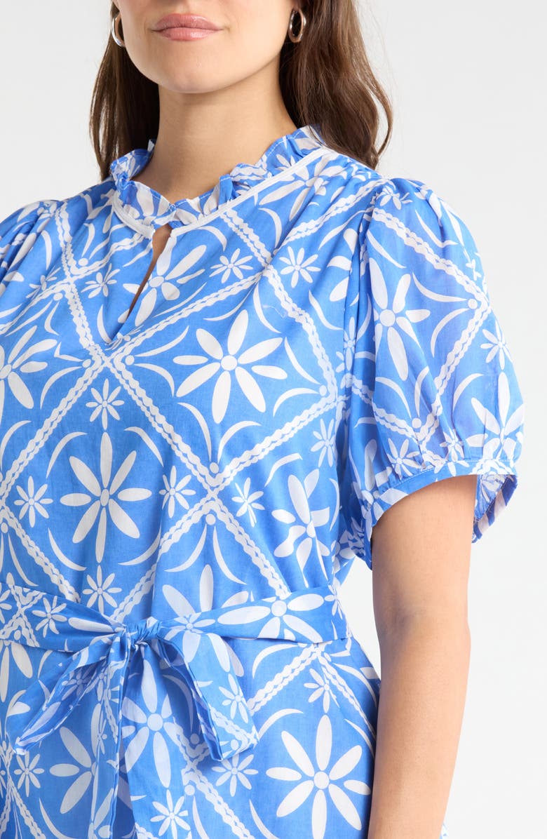 SUGARLIPS Alexie Floral Print Tie Waist Dress, Alternate, color, Blue-Wht-Mul