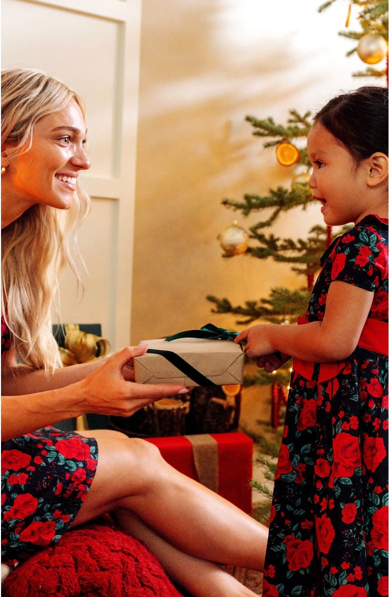 Hope & Henry Women's Organic Puff Sleeve Crossover Dress, Alternate, color, Black Holiday Rose