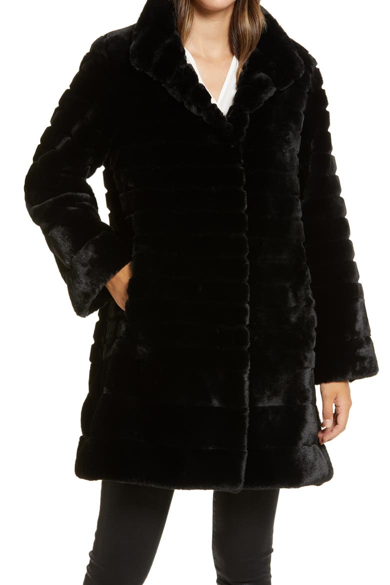 Grooved Faux Fur Walking Coat, Alternate, color, BLACK