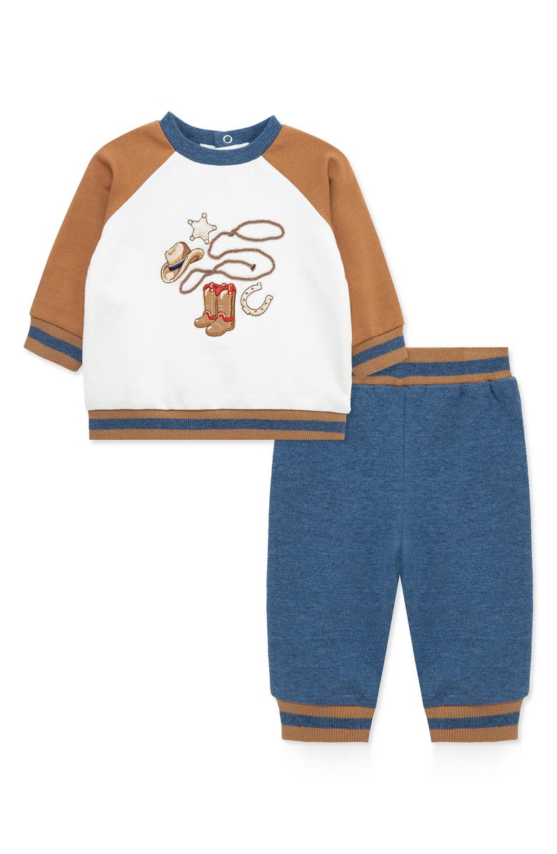 Little Me Western Active Cotton Sweatshirt & Pants Set, Main, color, Blue Multi