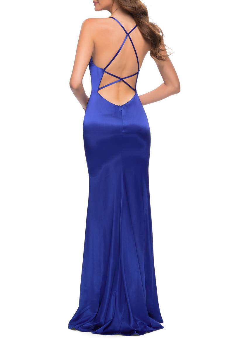 Chic Stretch Satin Gown with Scoop Neck and Open Back, Alternate, color, ROYAL BLUE