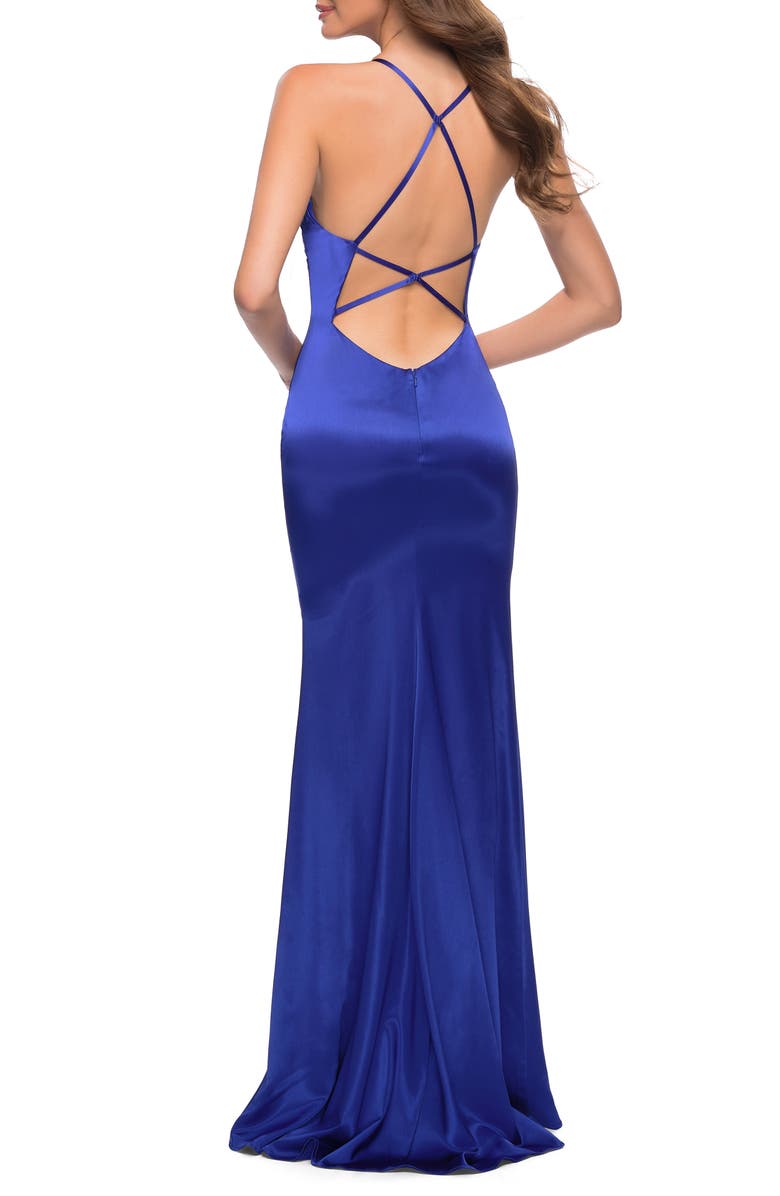 La Femme Strappy Stretch Satin Trumpet Gown, Alternate, color,