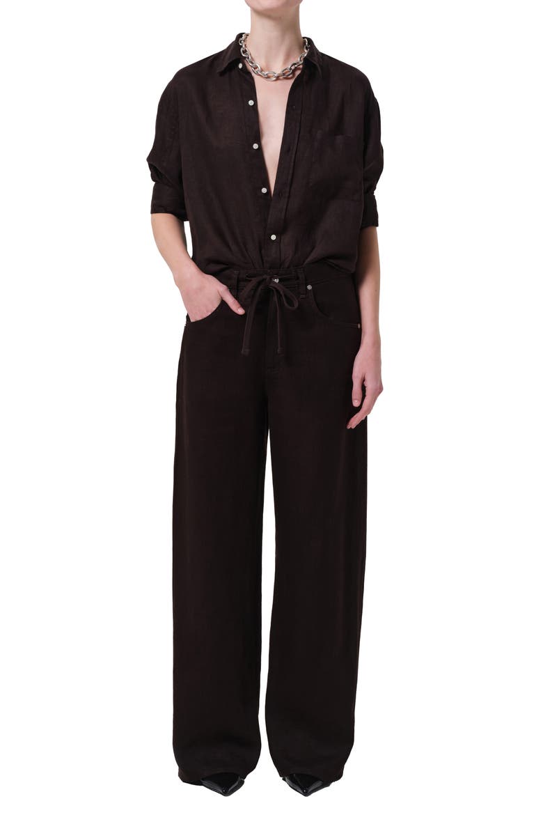 Brynn Drawstring Waist Wide Leg Linen Pants, Alternate, color, CHOCOLATE