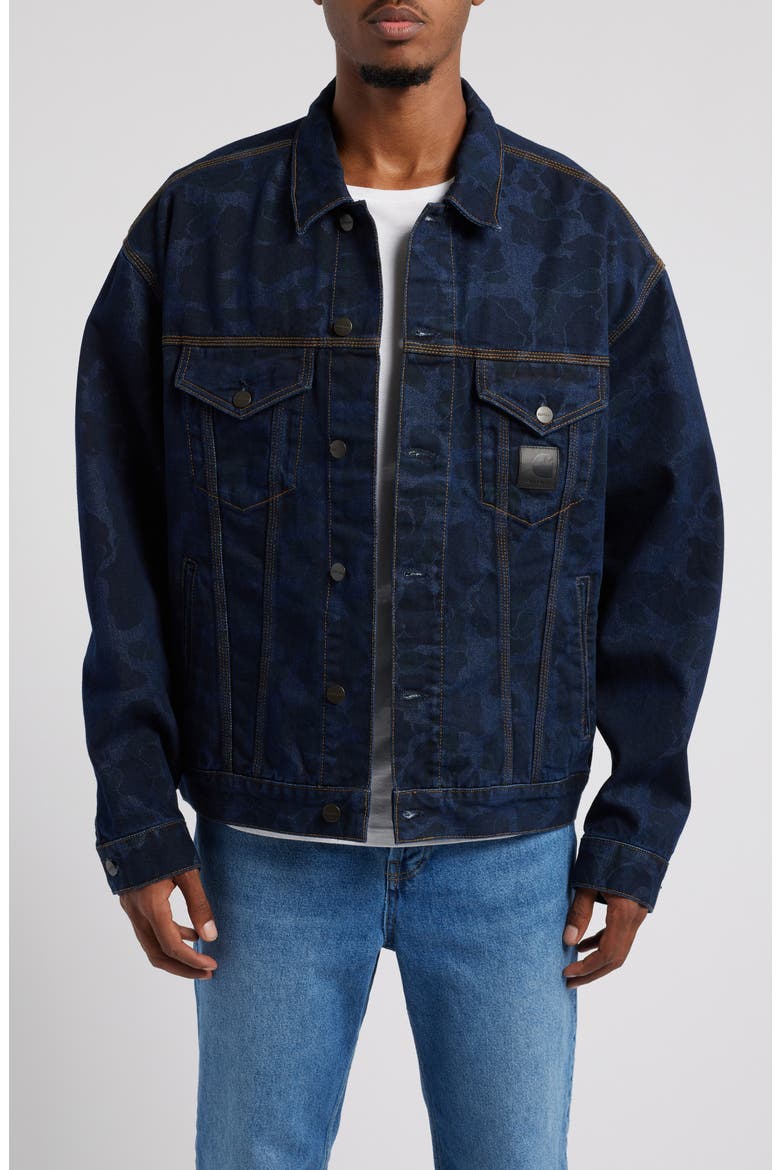Duck Camo Print Organic Cotton Denim Trucker Jacket, Main, color, CAMO DUCK BLUE STONE WASHED