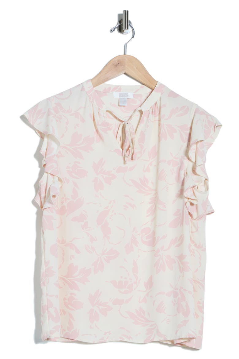 Ruffle Sleeve Tie Neck Top, Alternate, color, IVORY- PINK BOWIE ABSTRACT