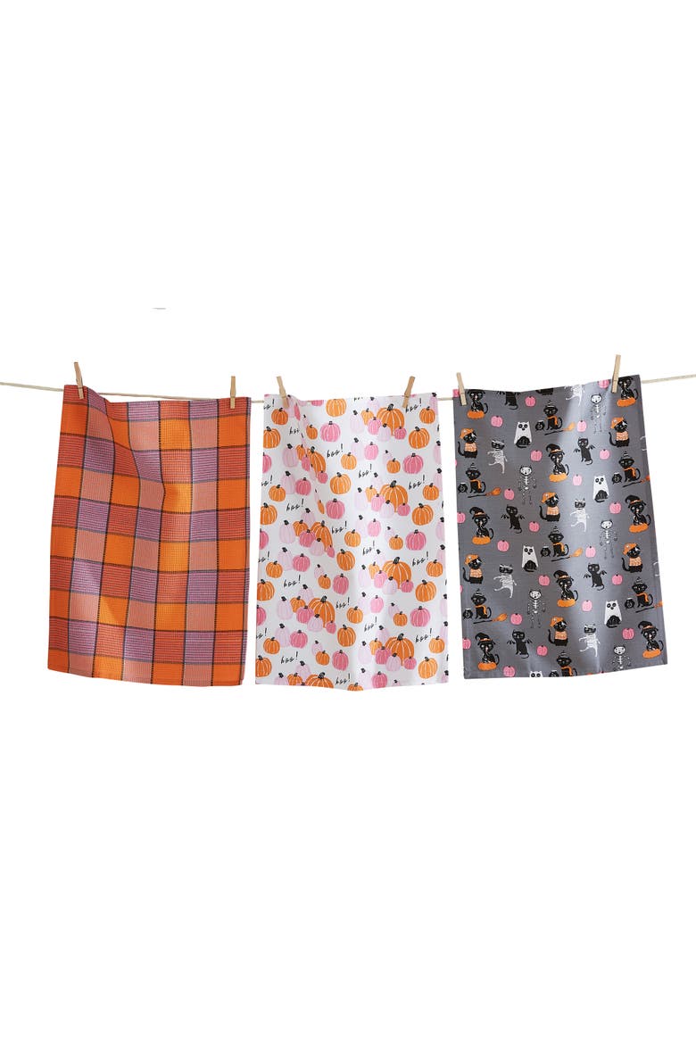 Set of 3 Halloween Cat Pumpkin Dishtowels Multicolor Cotton, Main, color, Multicolored