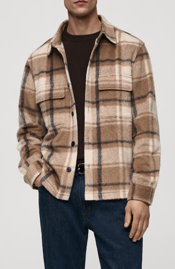 Mango Textured Check Flannel Overshirt In Brown