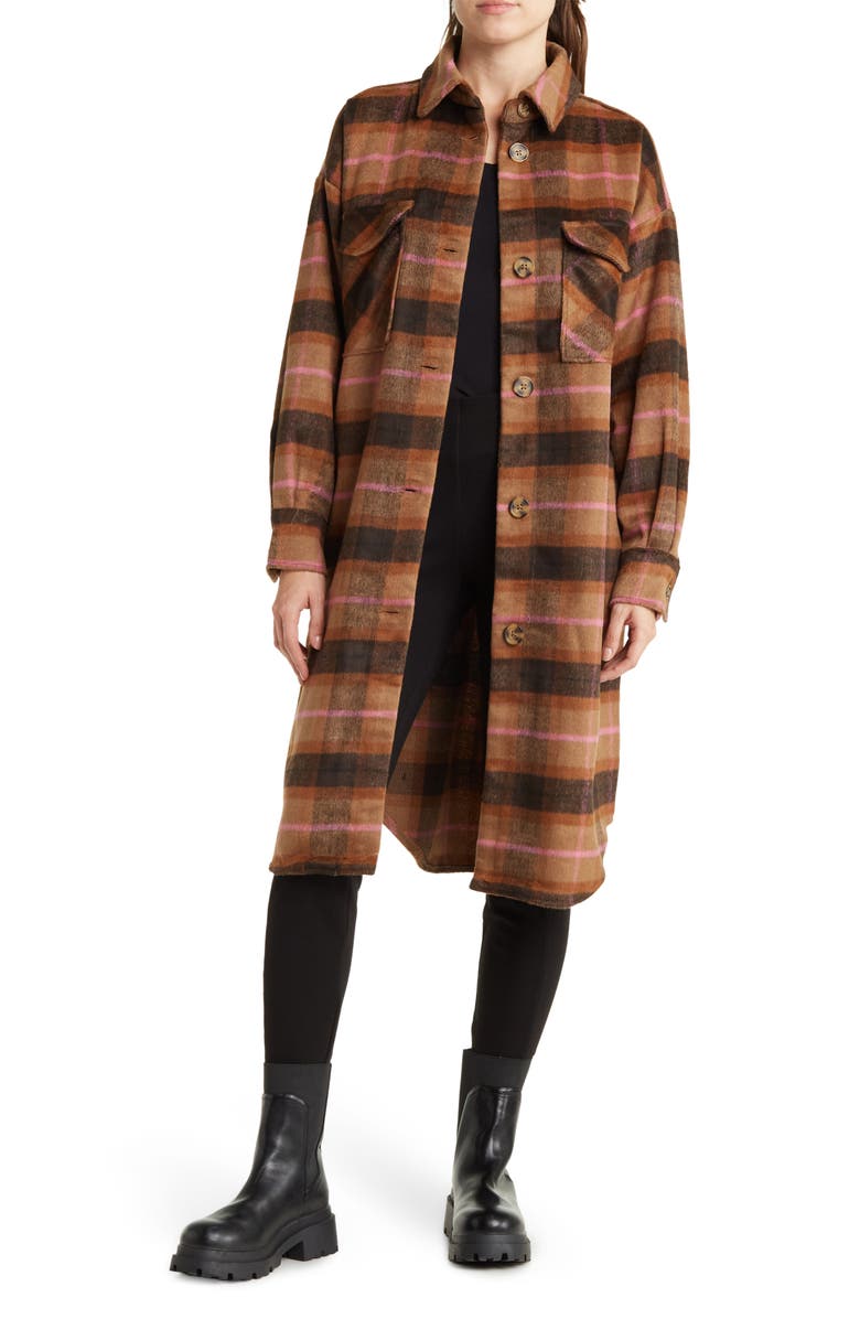 Steve Madden Plaid Duster Shirt Jacket, Main, color, 