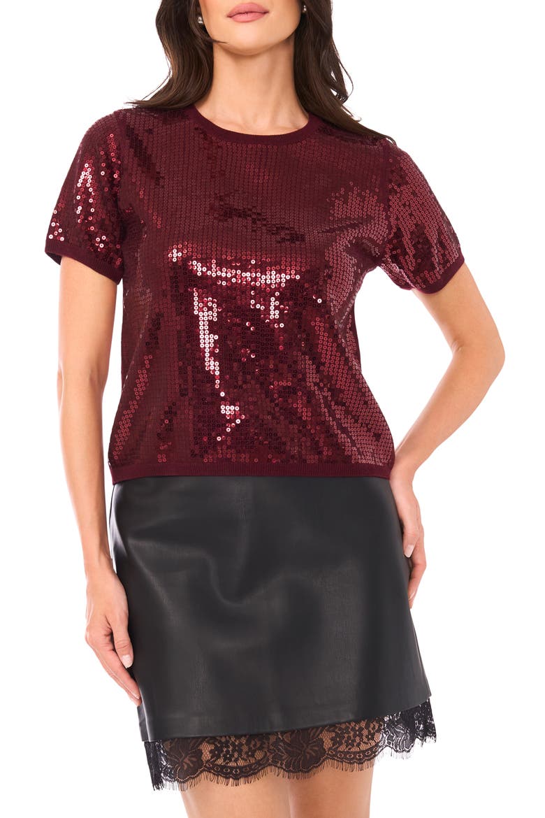 Sequin Short Sleeve Top, Main, color, RICH BURGUNDY