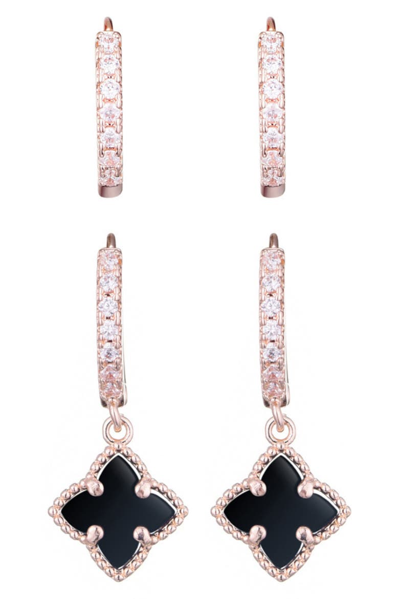 Set of 2 Cubic Zirconia Huggie Hoop & Clover Drop Earrings, Alternate, color, BLACK