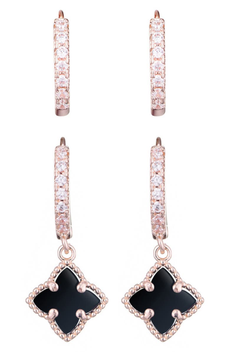 Adornia Set of 2 Cubic Zirconia Huggie Hoop & Clover Drop Earrings, Alternate, color, Black