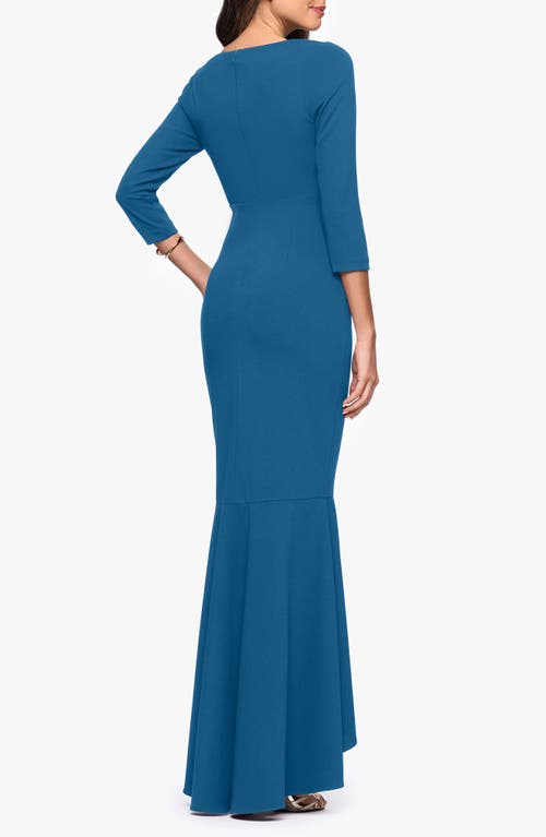 Betsy & Adam Ruffle Scuba Crepe Faux Wrap High-low Mermaid Gown In Blue