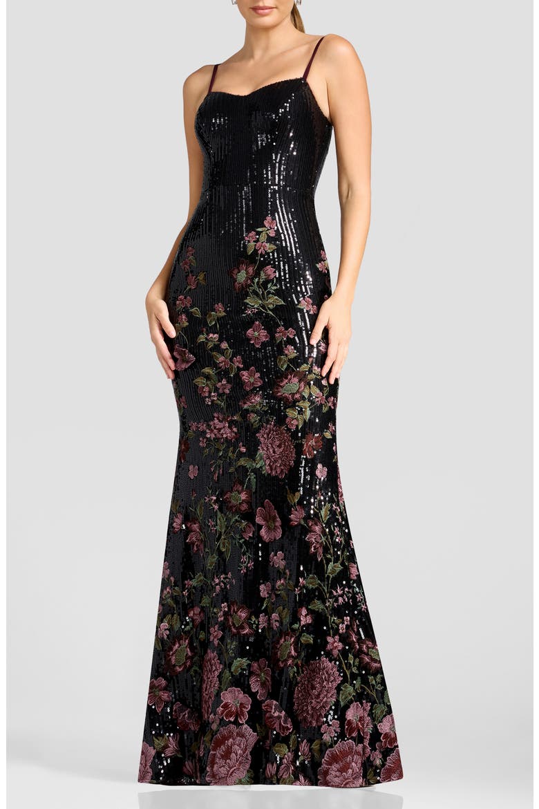 Giovanna Floral Embroidery Sequin Mermaid Gown, Alternate, color, BLACK MULTI