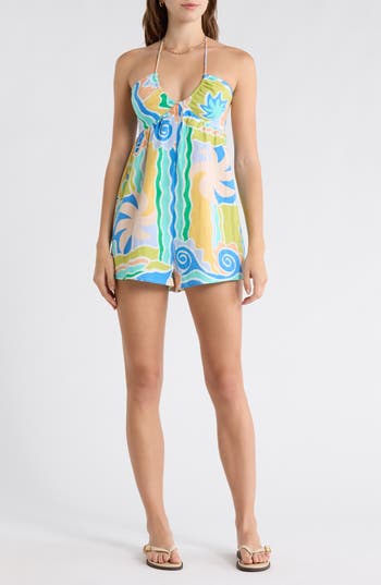 Billabong So Groovy Cotton & Linen Halter Romper In Blue Multi