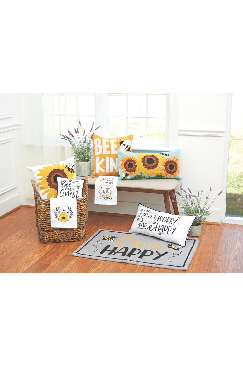 Sunflower & Bee Hooked Accent Pillow, 18" x 18", Alternate, color, White
