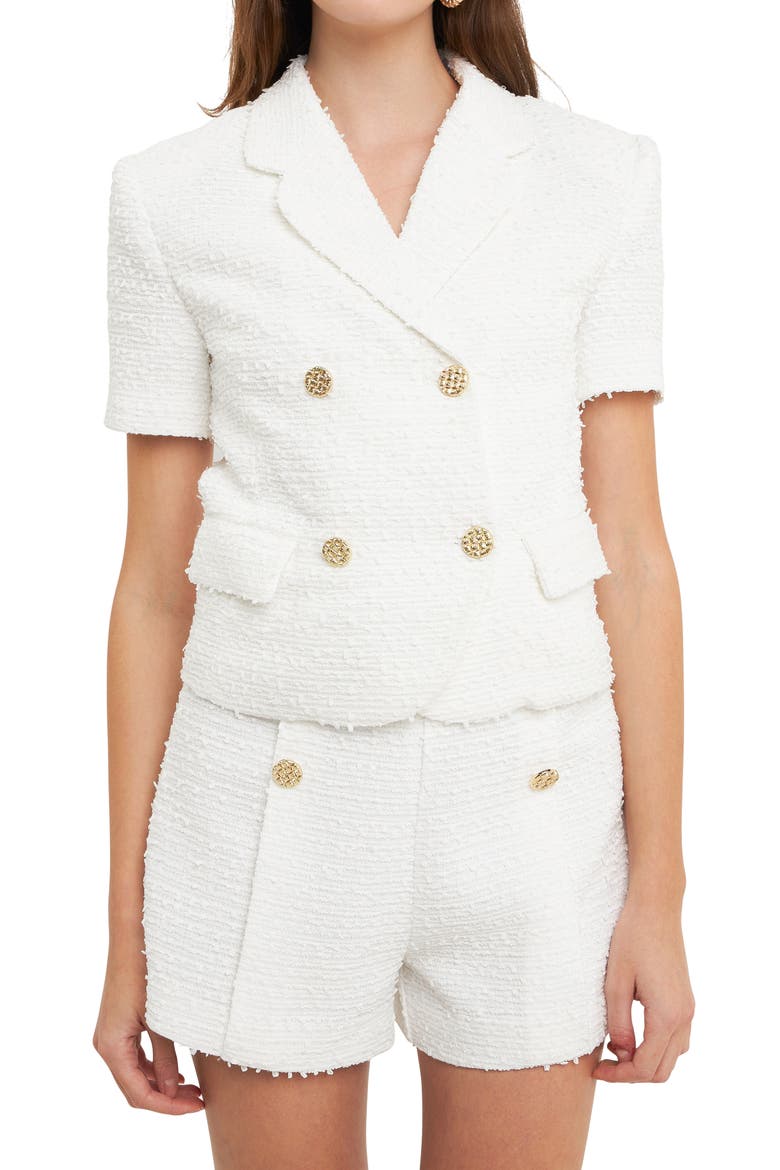 Double Breasted Short Sleeve Tweed Blazer, Alternate, color, WHITE
