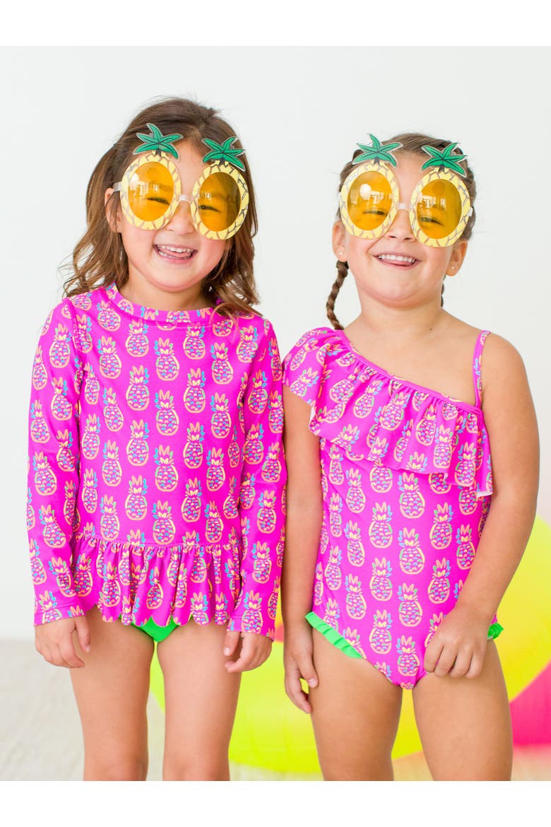 Girls UPF50+ Sun Protection One Shoulder Ruffle One Piece, Alternate, color, Neon Violet Pineapples