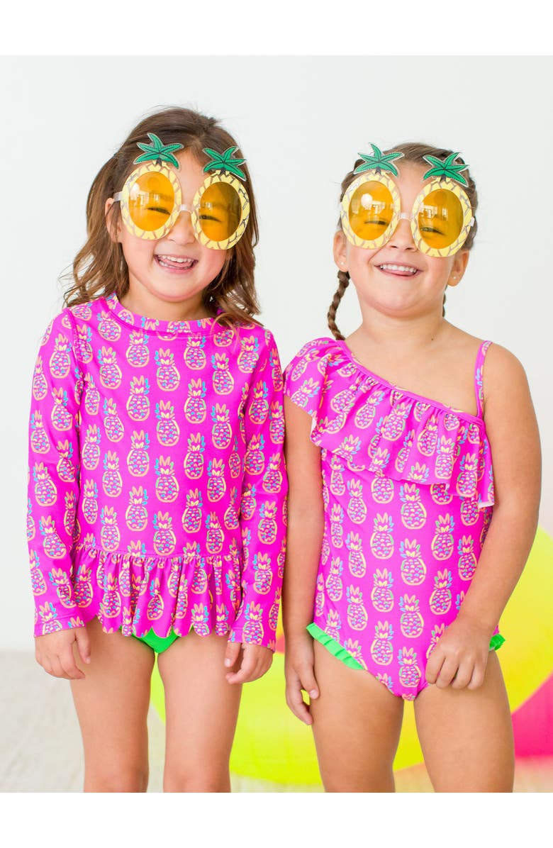 RuffleButts Girls UPF50+ Sun Protection One Shoulder Ruffle One Piece, Alternate, color, Neon Violet Pineapples