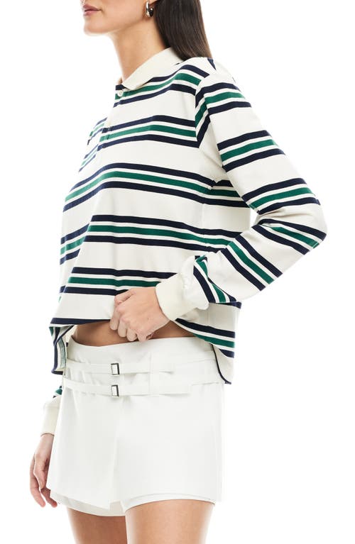 Shop Lioness Leisure Stripe Long Sleeve Cotton Polo Shirt In Ivory Moss