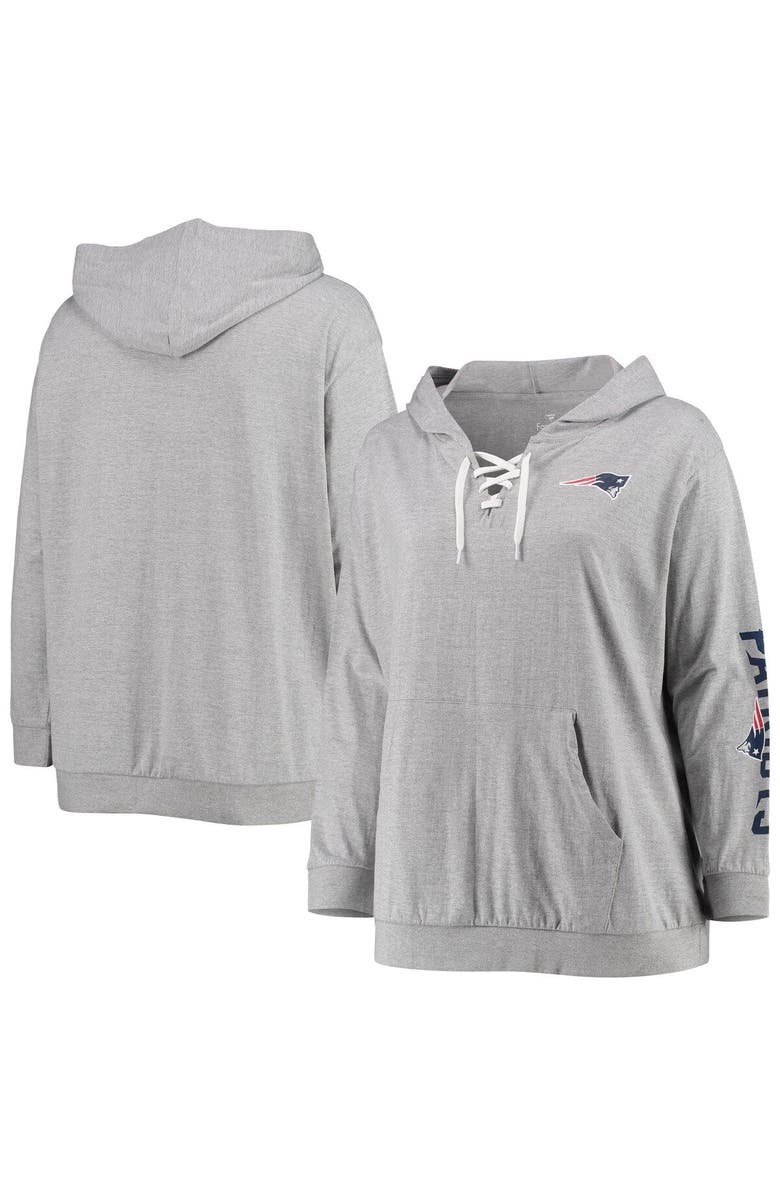 FANATICS Women's Fanatics Branded Heathered Gray New England Patriots Plus Size Lace-Up Pullover Hoodie, Main, color, 