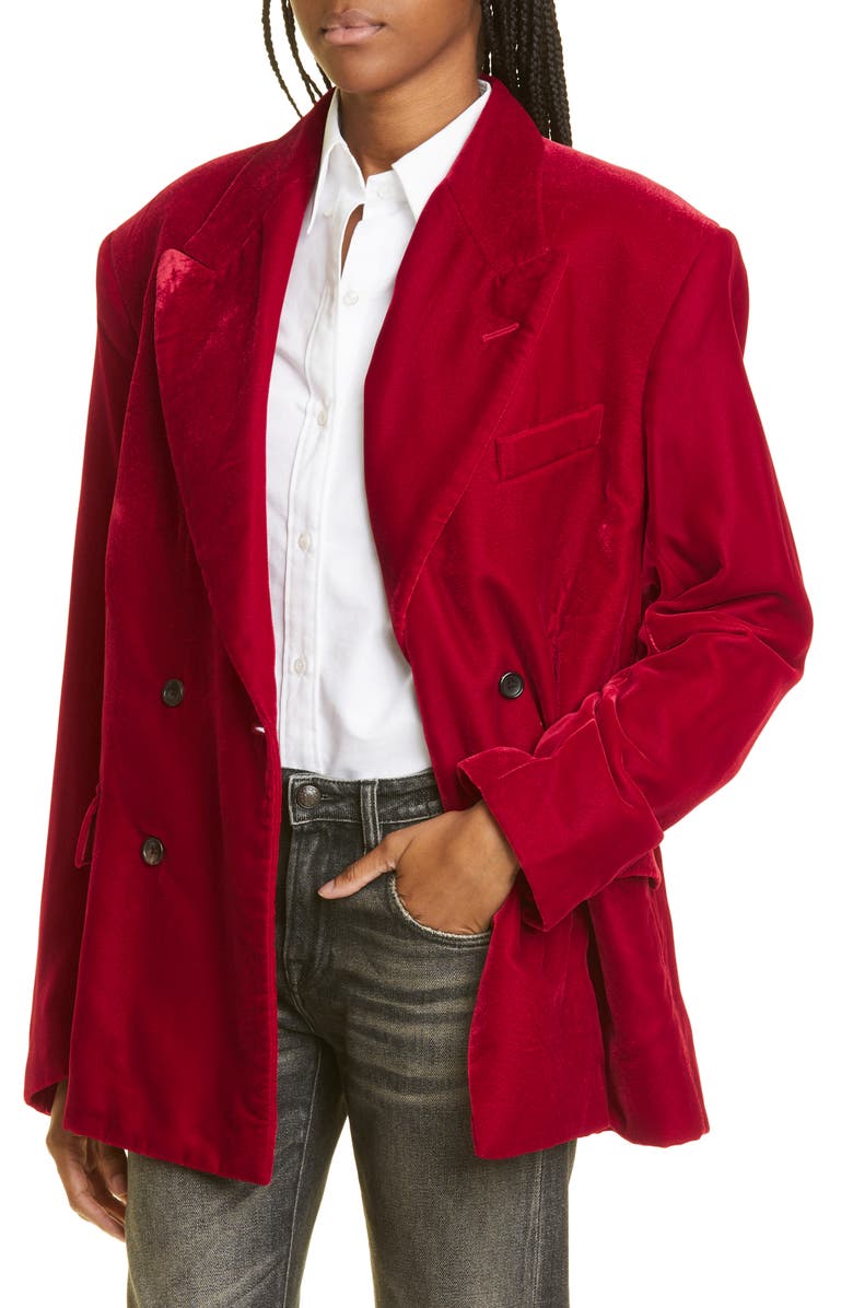 R13 Ragged Double Breasted Peaked Lapel Velvet Blazer, Alternate, color, Red Velvet