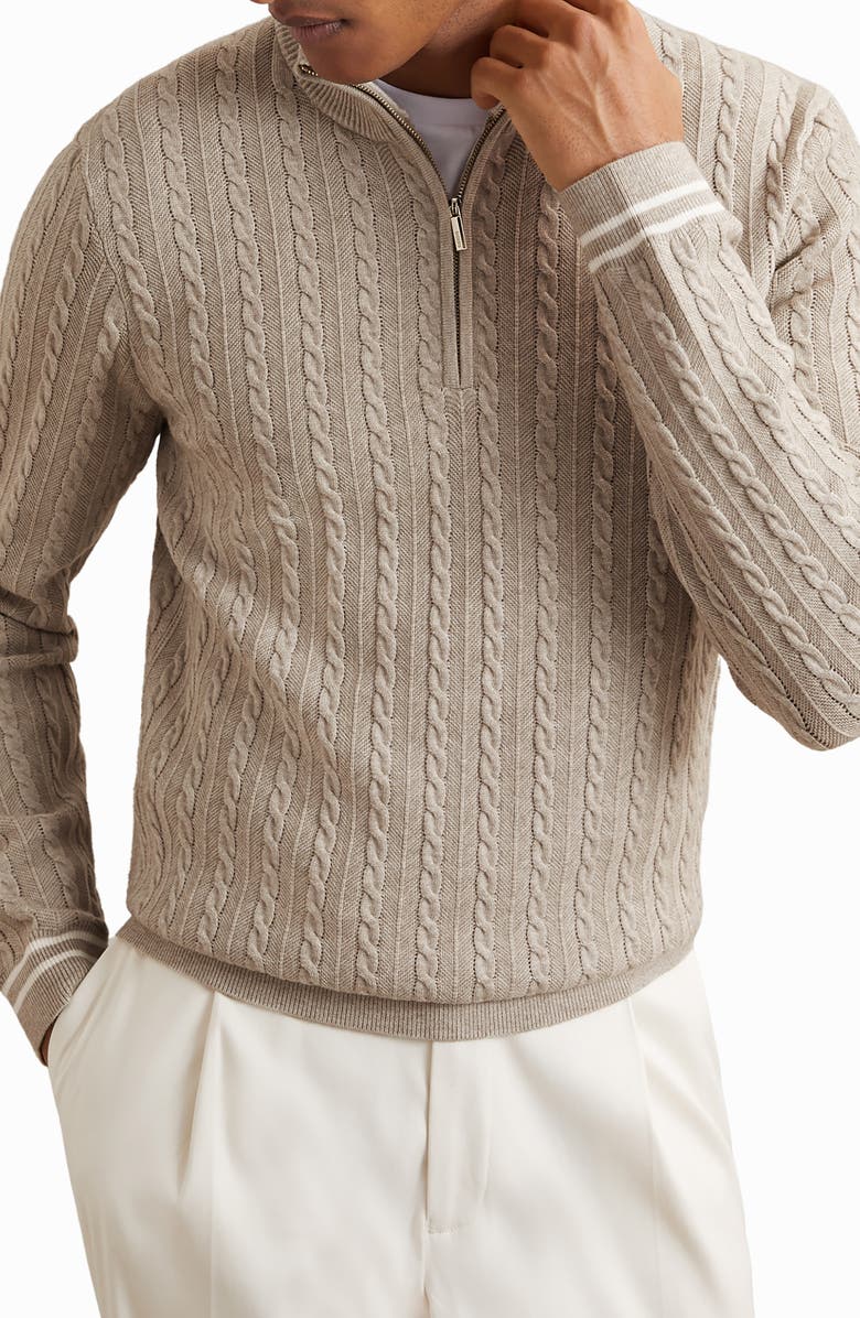 Reiss Tuscano Cable Quarter Zip Sweater, Alternate, color, Oatmeal Brown