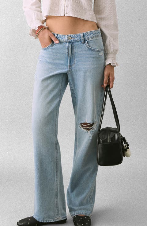 Ripped Low Rise Straight Leg Jeans