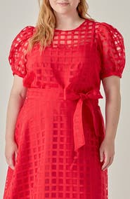 English Factory Sheer Plaid Short Puff Sleeve Top