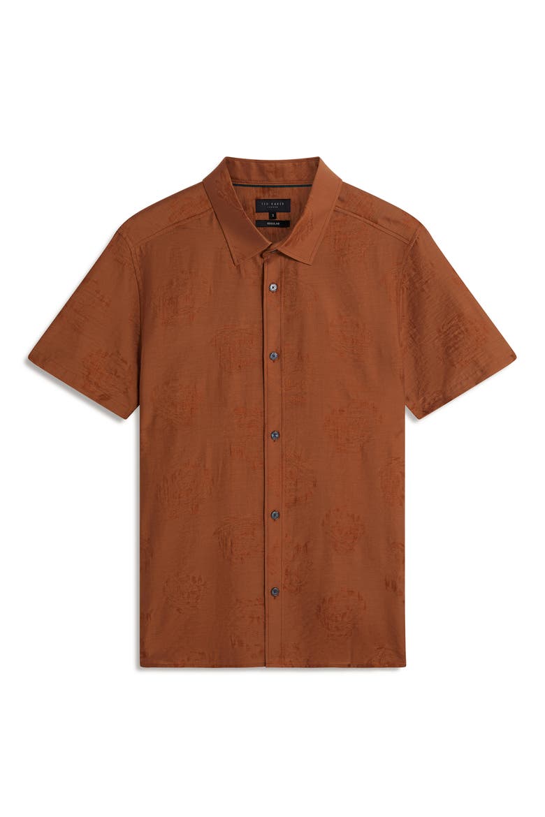 Fabiane Floral Jacquard Short Sleeve Button-Up Shirt, Alternate, color, BROWN-RED