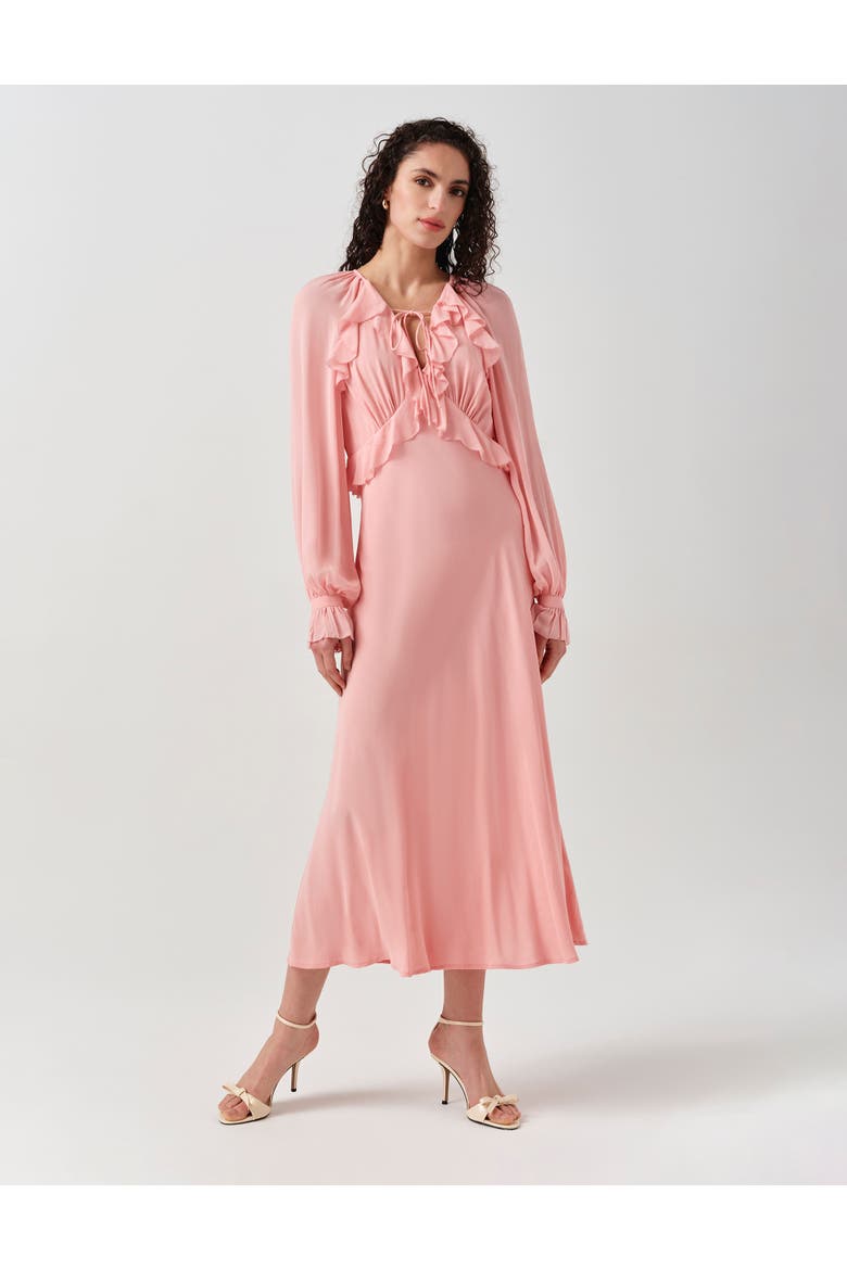 Naomi Long Sleeve Frill Midi Dress, Alternate, color, Pink