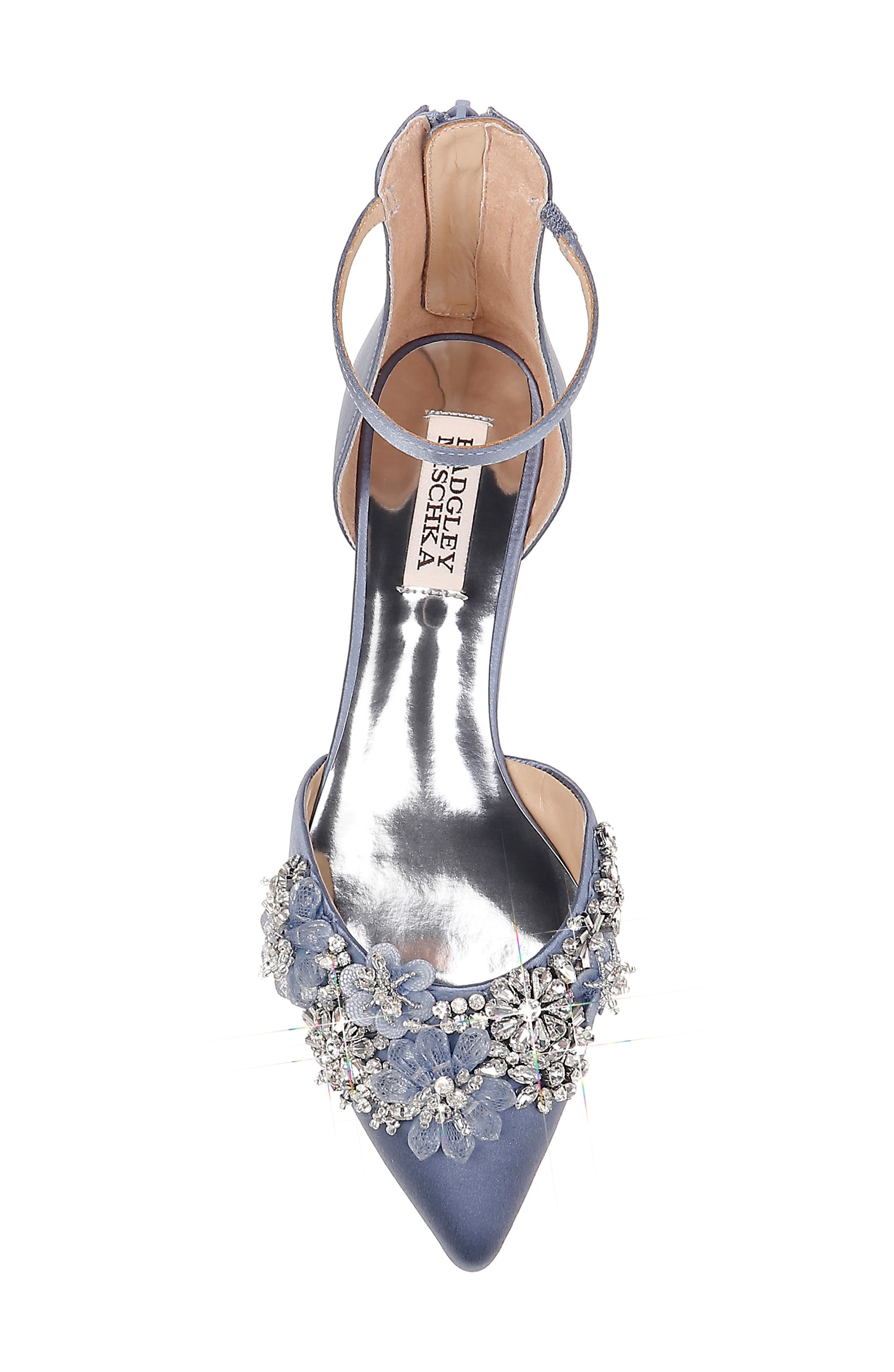 Badgley Mischka Abby Ankle Strap Flat, Alternate, color, STEEL BLUE SATIN