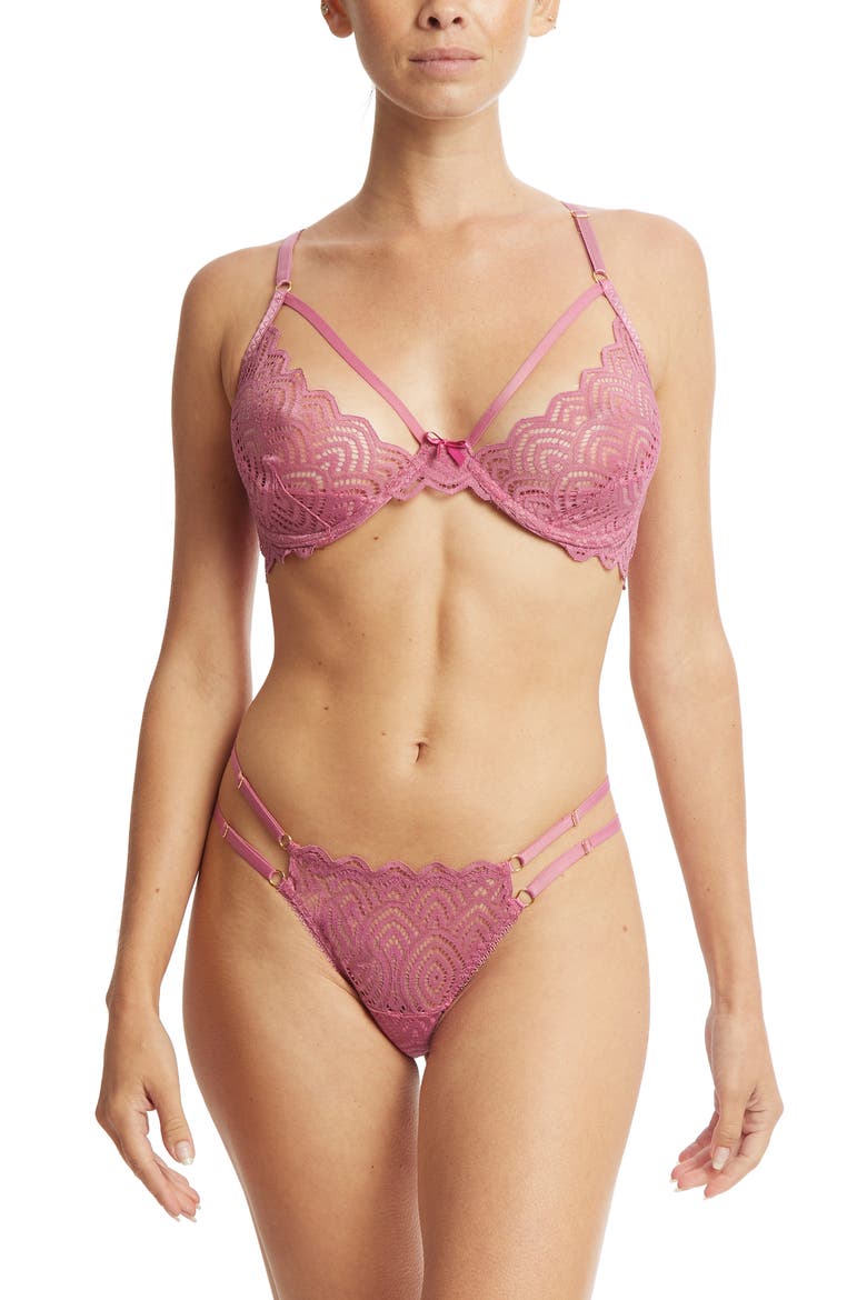 Strappy Lace & Mesh Thong, Alternate, color, ROSEHIP