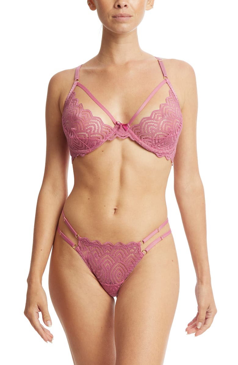 Hanky Panky Strappy Lace & Mesh Thong, Alternate, color, Rosehip