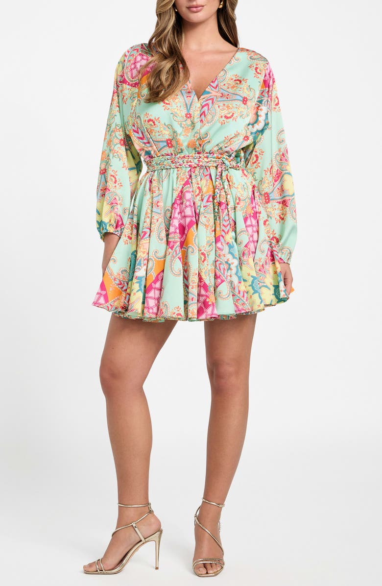 Marciano Grenada Maya Long Sleeve Braided Tie Belt Faux Wrap Minidress, Main, color, Grenada Print