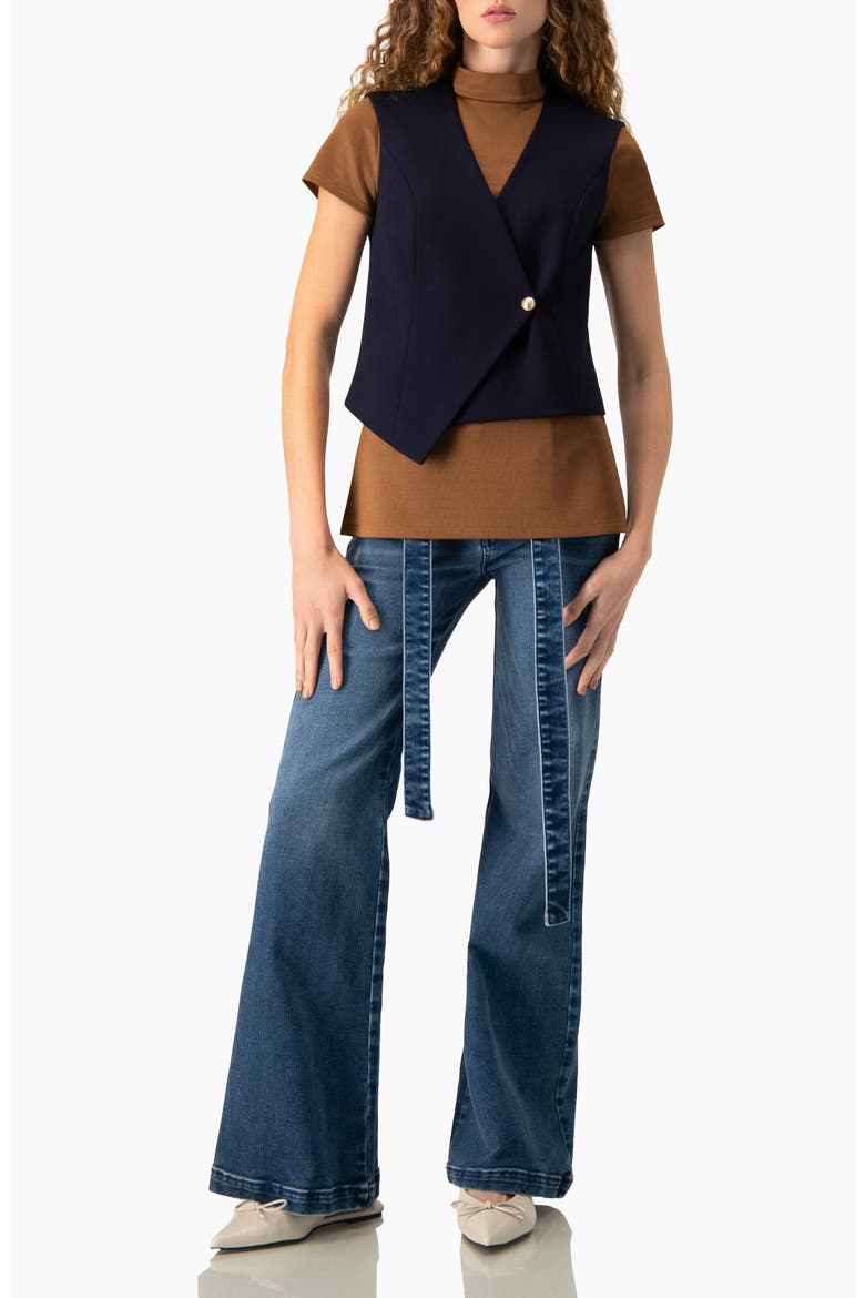 Side-Slit High-Neck Short Sleeve Blouse, Alternate, color, Camel