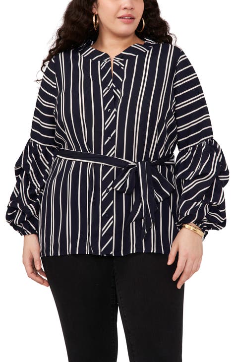 Stripe Balloon Sleeve Button-Up Top (Plus)