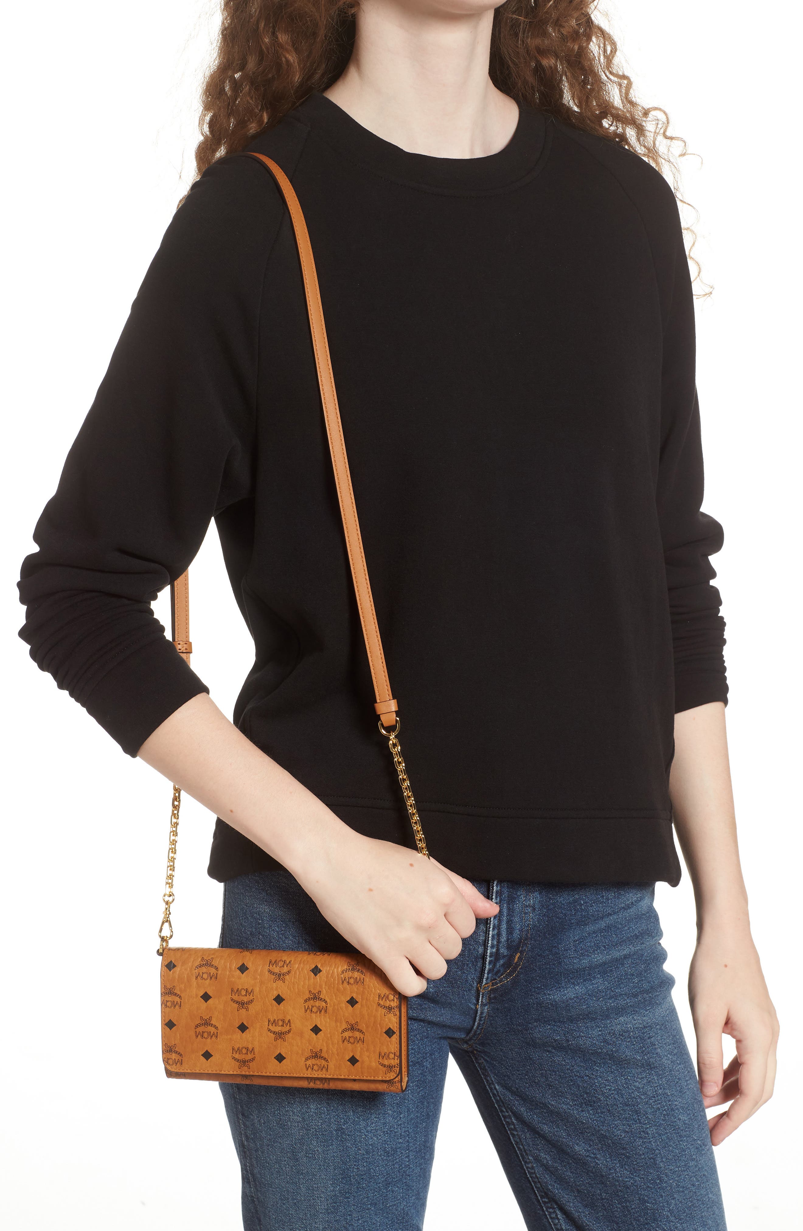 MCM Visetos Coated Canvas Crossbody Wallet, Alternate, color, Cognac