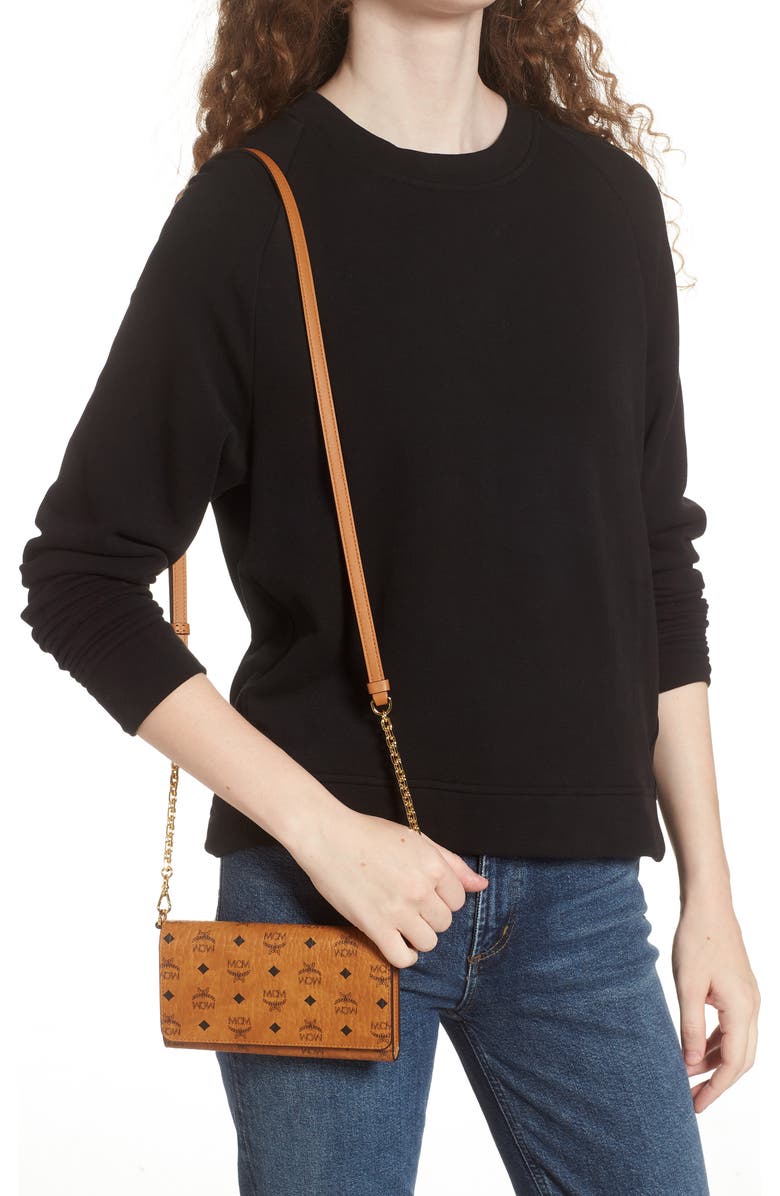 MCM Visetos Coated Canvas Crossbody Wallet, Alternate, color, Cognac