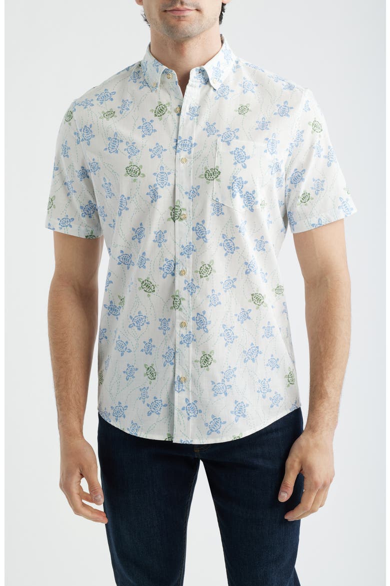 Honu Holoholo Turtle Print Short Sleeve Cotton Blend Button-Down Shirt, Main, color, WHITE