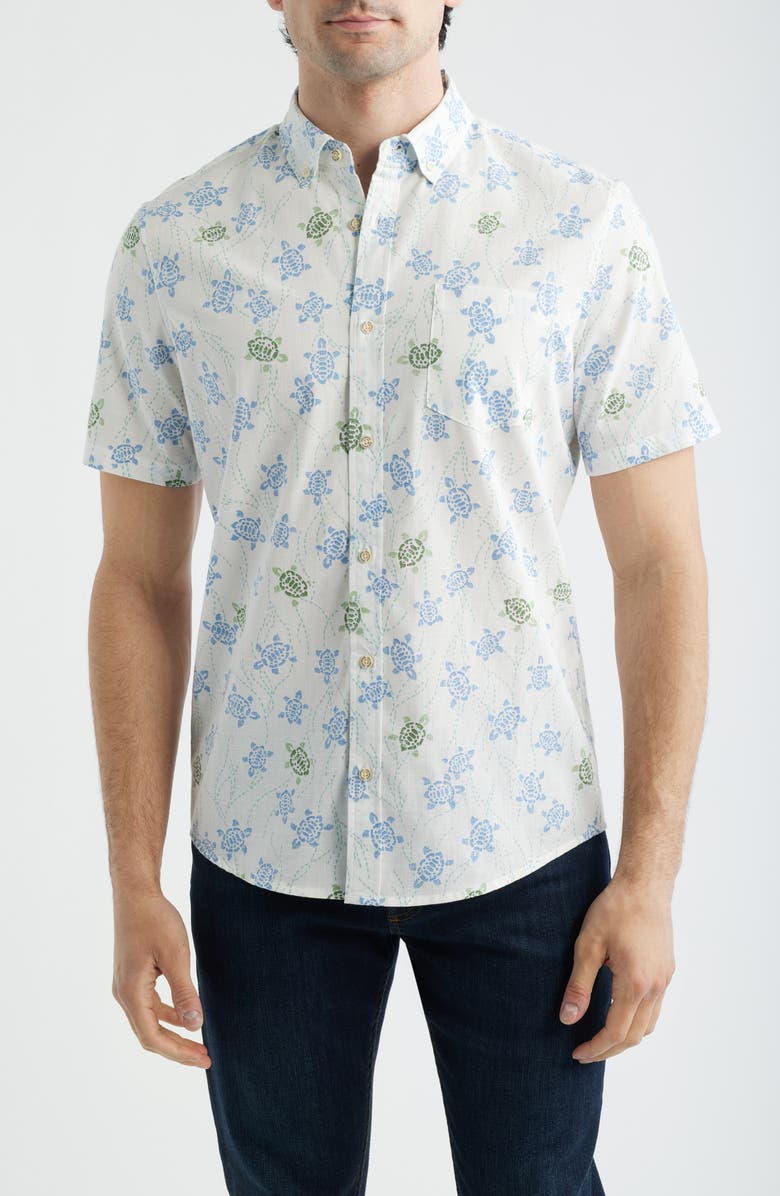Reyn Spooner Honu Holoholo Turtle Print Short Sleeve Cotton Blend Button-Down Shirt, Main, color, White